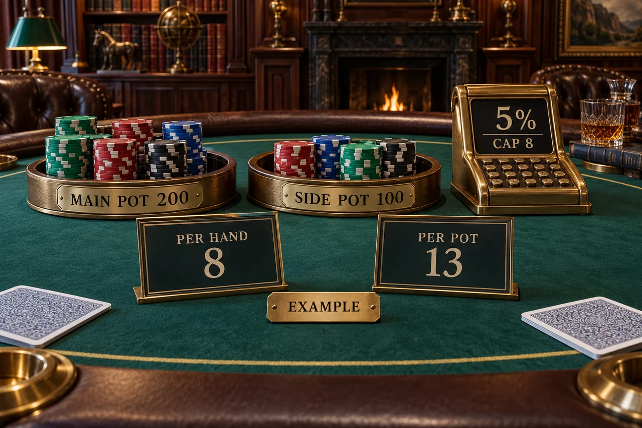 Poker စိတ်ကူးpot200နှင့်100၊rate5% cap8၊hand fee8နှင့်per-pot fee13 ကိုပြထားသည်။